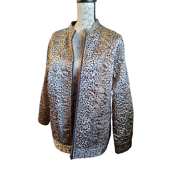 CHICOS Size 3 Large REVERSIBLE BROWN LEOPARD - BLACK DENIM QUILTED JACKET COAT - Picture 1 of 5